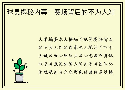 球员揭秘内幕：赛场背后的不为人知